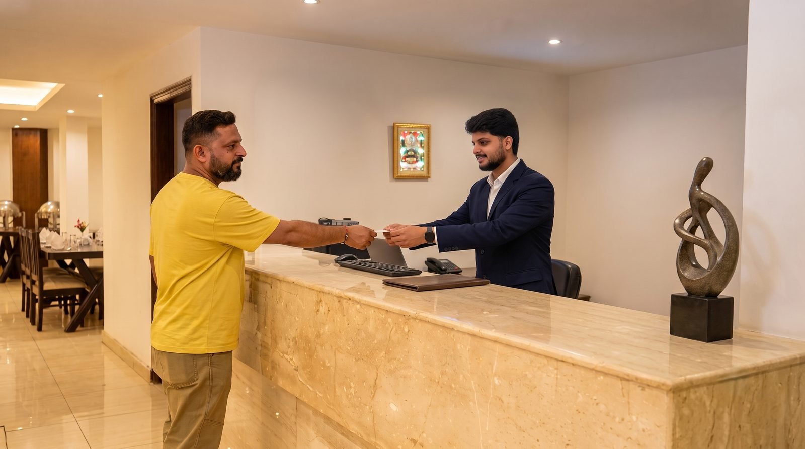 A guest being welcomed at the front desk