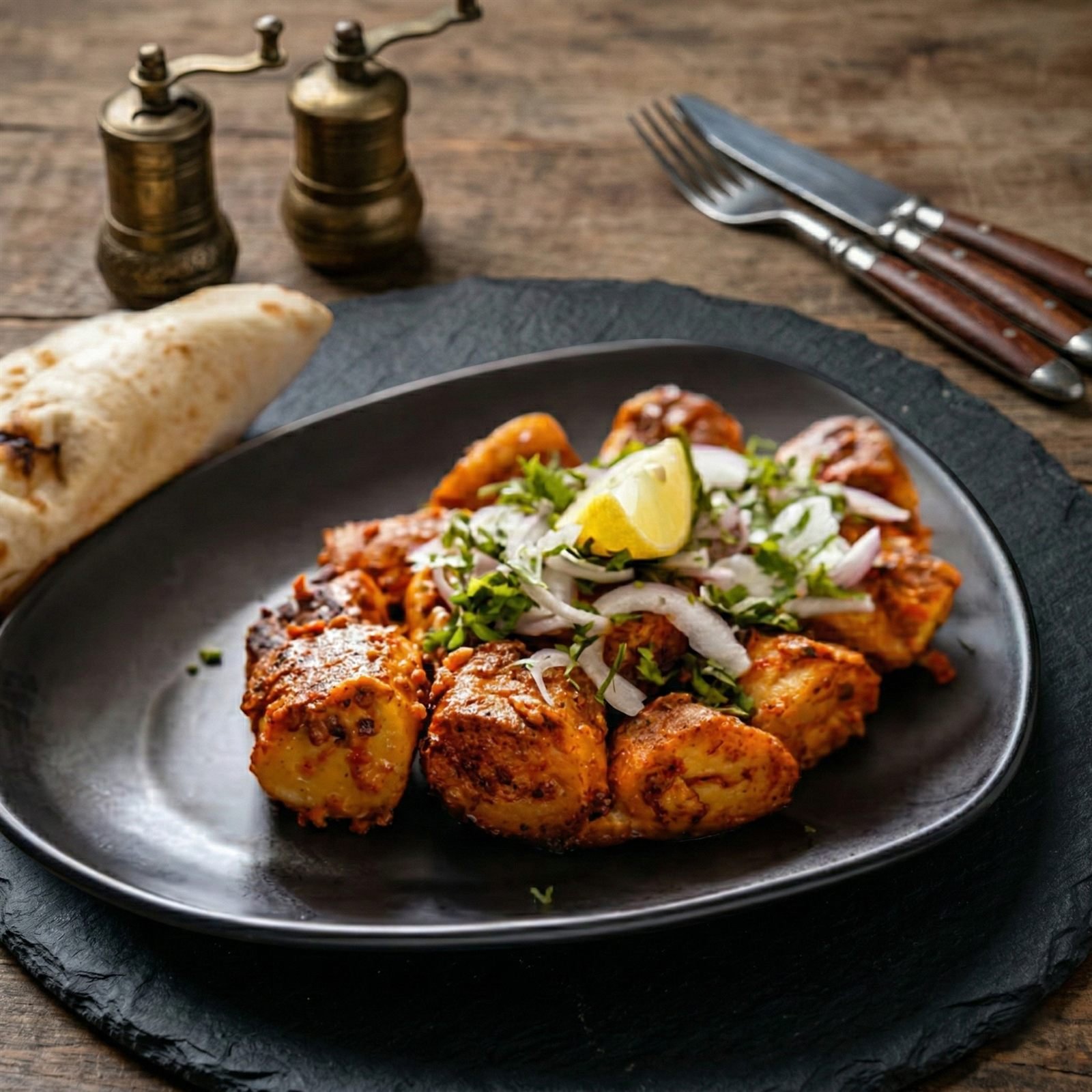 Achari soya chaap tikka, plated and brought to the table