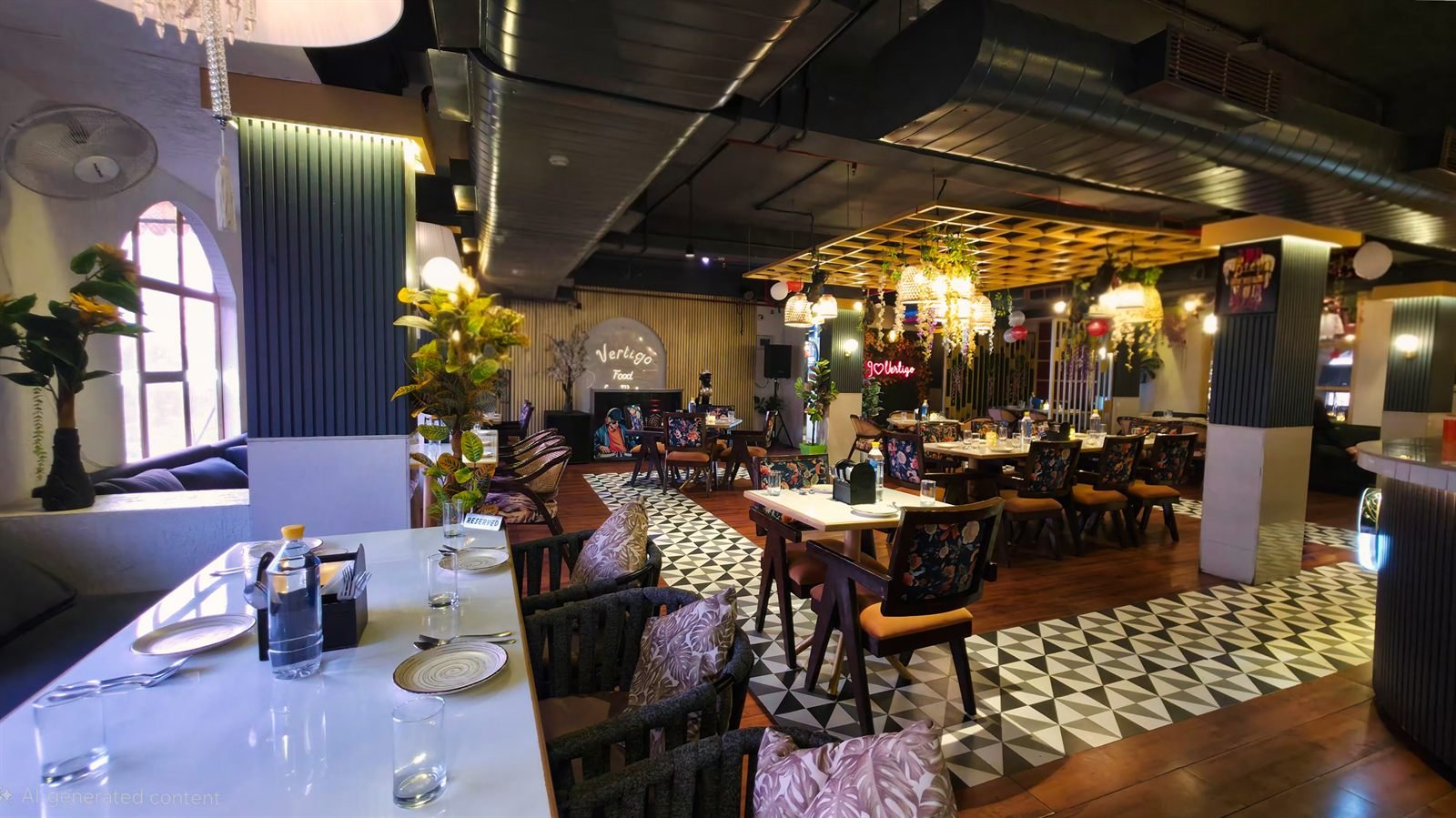 The indoor room, lit low, checkerboard floor and banquettes